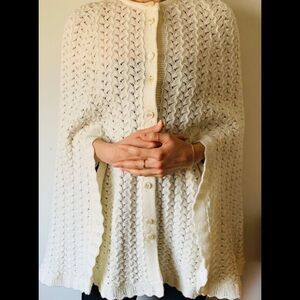 Vintage  white knitted cardigan, no sleeves, side slits to put arms through, S/M
